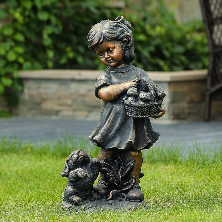 Bronze Mgo Girl Bunny Garden Statue Brown Traditional