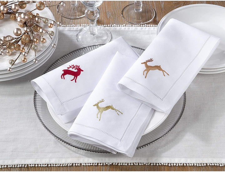 Brown Cotton Embroidered Reindeer Design Hemstitch Napkins White Solid Classic Modern Contemporary Novelty Square - Diamond Home USA