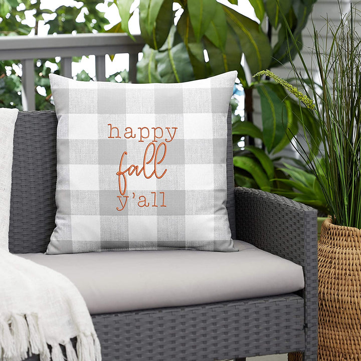 Grey Buffalo Plaid Happy Fall Yall Indoor/Outdoor Pillow