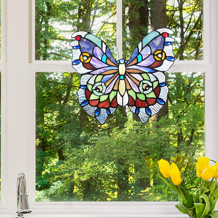12" h Love Life Butterfly Stained Glass Window Panel 12 5" X 0 5" 12" Purple Bohemian Eclectic Transitional Novelty Handmade Includes - Diamond Home USA