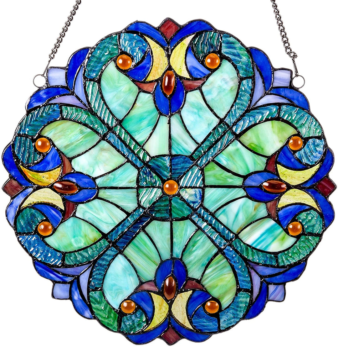 Mini Halston Glass 12 inch Panel Blue Cream Green Orange Traditional Round Victorian Handmade Includes Hardware