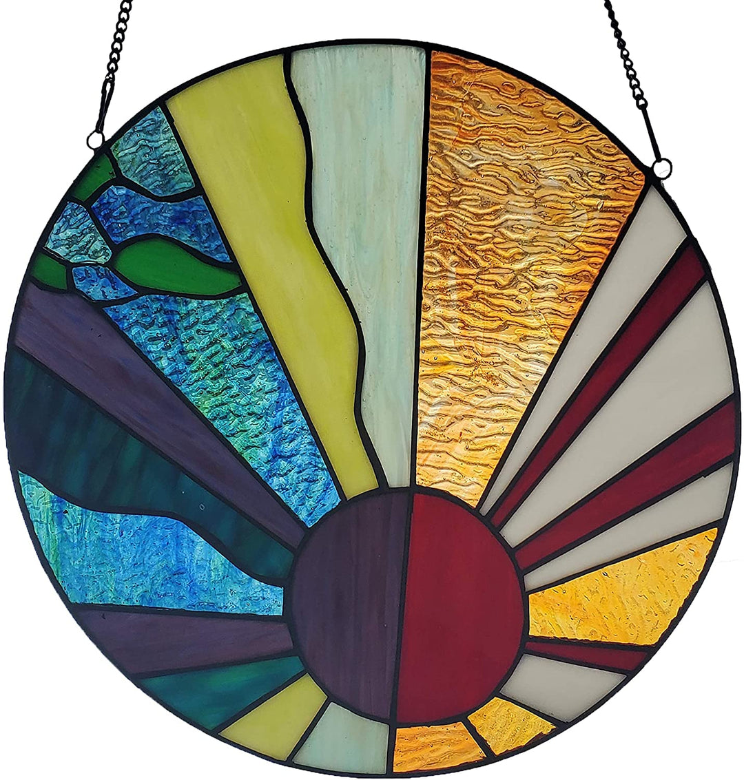 12 75" h Serenity Stained Glass Window Panel Orange Bohemian Eclectic Traditional Round Landscape Includes Hardware - Diamond Home USA