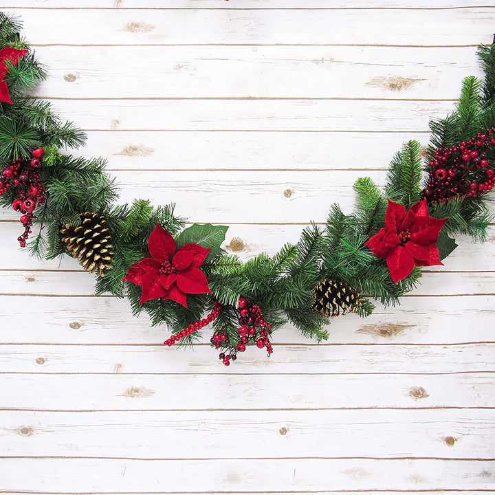 6ft Mixed Velvet Poinsettia Berry Pine Cone Garland Red