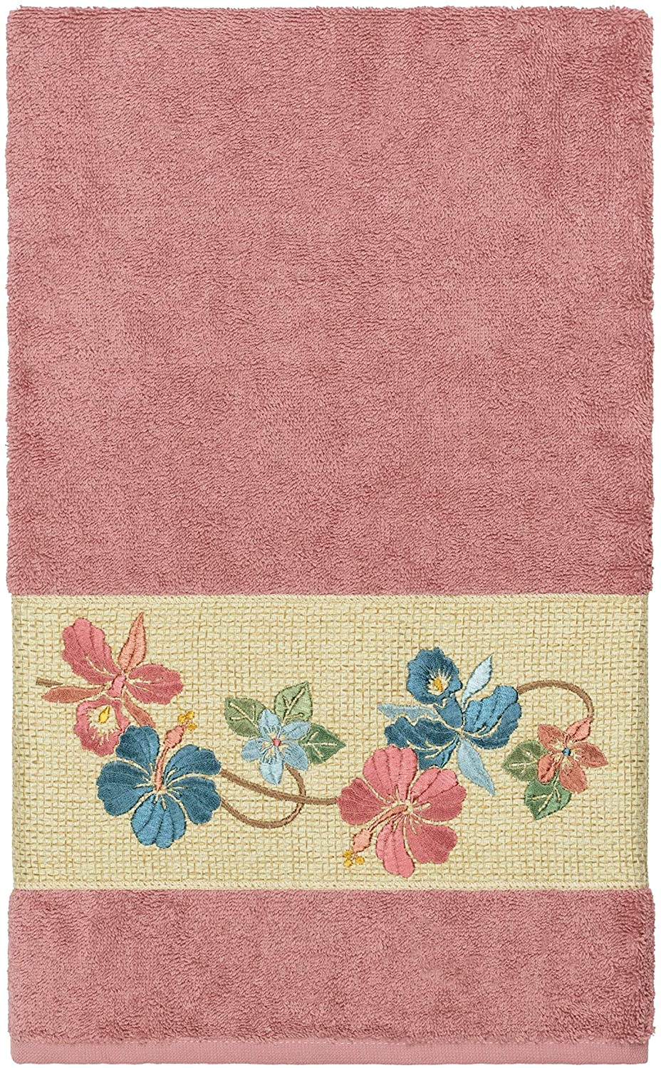 Turkish Cotton Floral Vine Embroidered Tea Rose 4 Piece Towel Set Pink Terry Cloth - Diamond Home USA