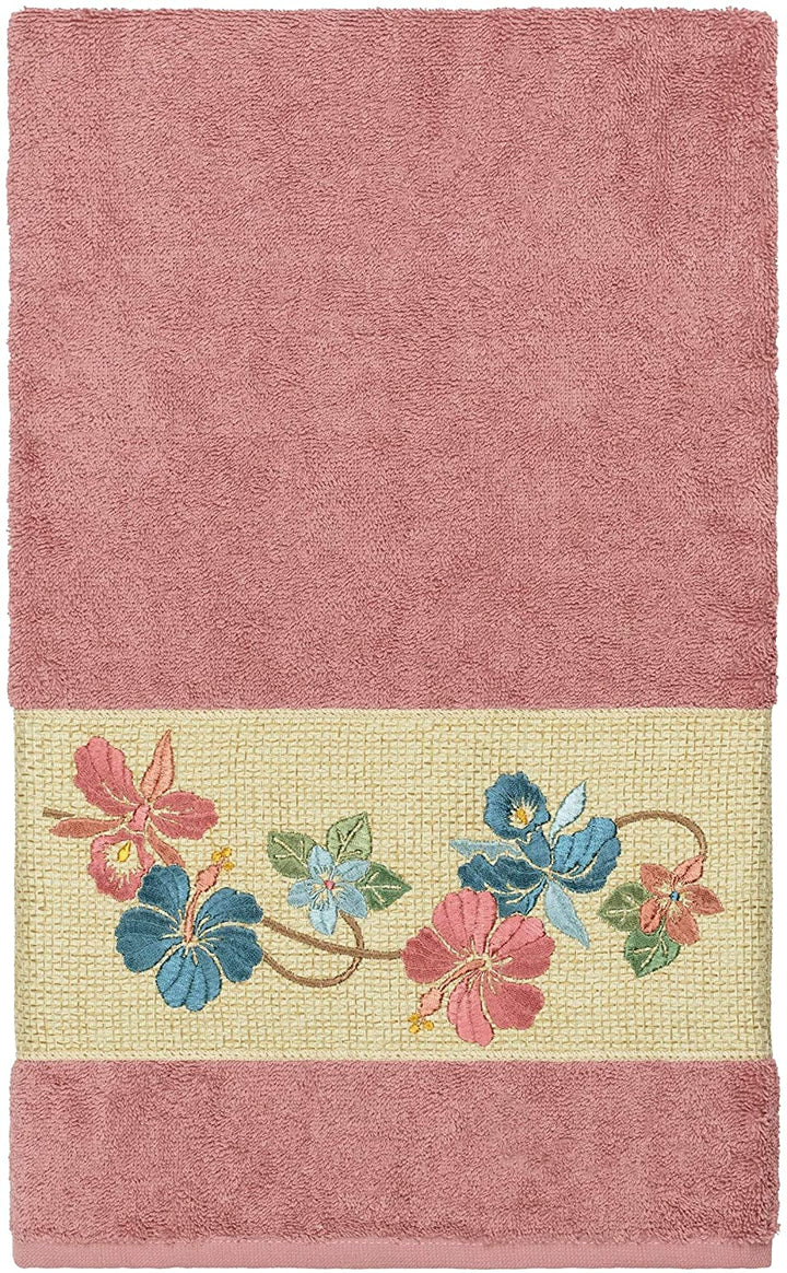 Turkish Cotton Floral Vine Embroidered Tea Rose 4 Piece Towel Set Pink Terry Cloth - Diamond Home USA