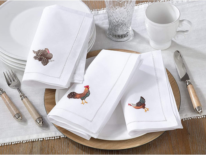 Cotton Table Napkins Embroidered Turkey Design (Set 6) White Solid Classic Modern Contemporary Novelty