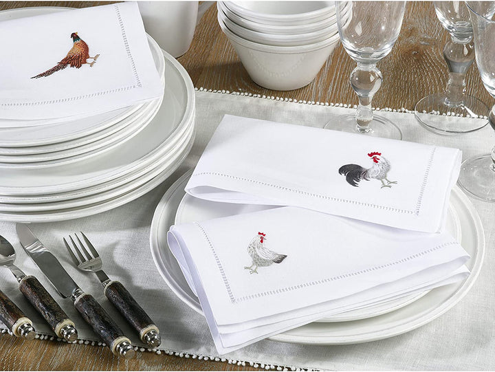 MISC Embroidered Hemstitched Cotton Napkin (Set 6) White Animal Solid