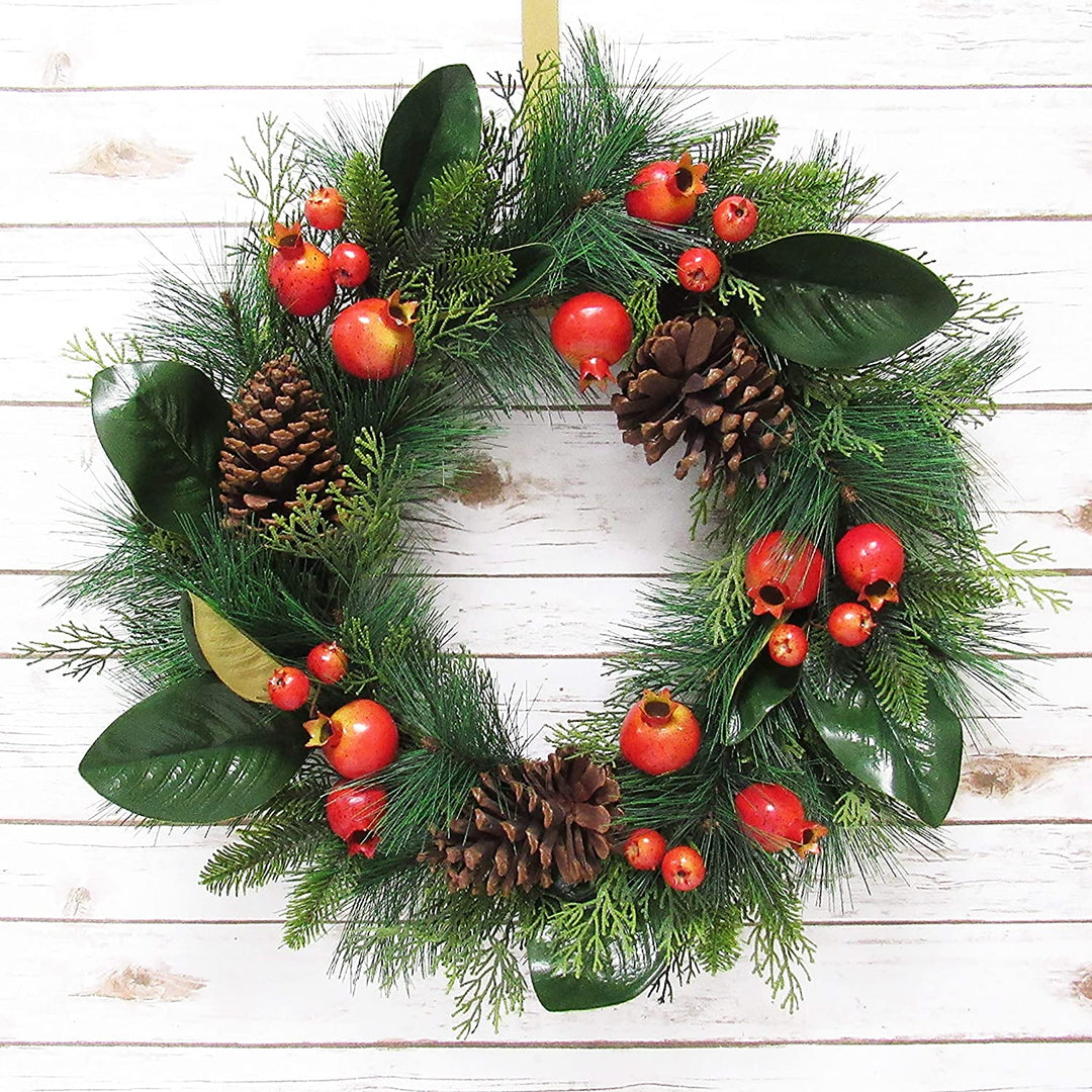Mixed Pomegranate Pine Cone Magnolia Leaf Wreath 24in Red