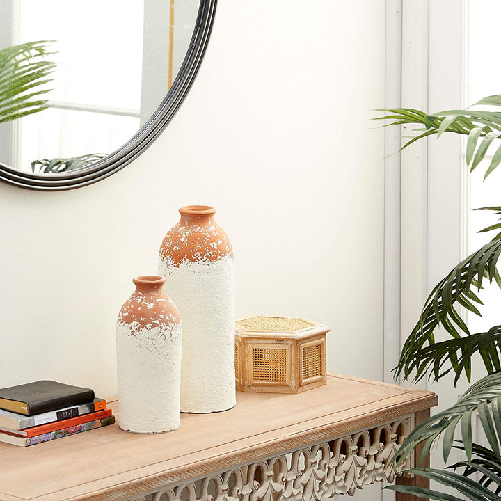 White Textured Porcelain Bottle Vase Terracotta Orange Distressed Top Set 2 11" 14" 6 X 13 Color Ceramic - Diamond Home USA