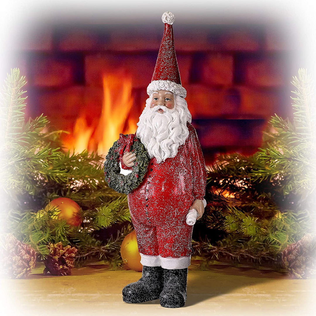 14" Resin Santa Night Clothes W/Wreath Red