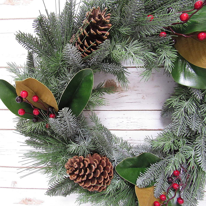 Mixed Berry Pine Cone Magnolia Leaf Wreath 24in Frosted Green 24" L X W 5 5" Dp Un lit - Diamond Home USA