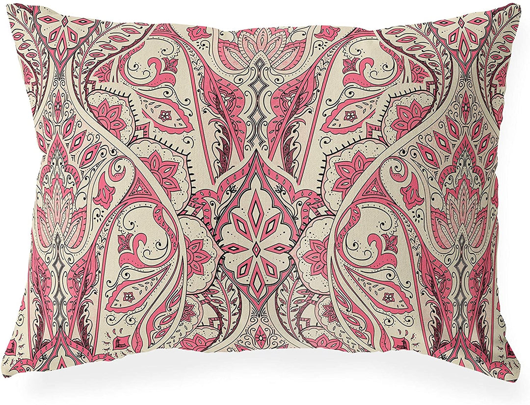 Pink Indoor|Outdoor Lumbar Pillow 20x14 Pink Geometric
