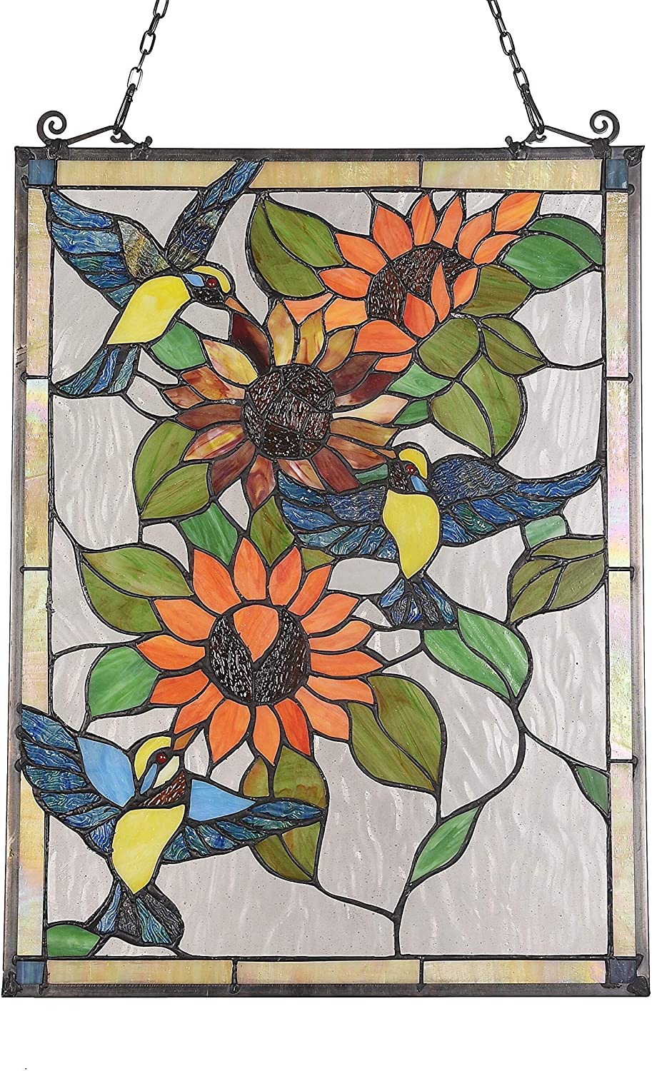 Tiffany Bird Flower Design Suncatcher Color Traditional Rectangular Animals Flowers Glass Includes Hardware