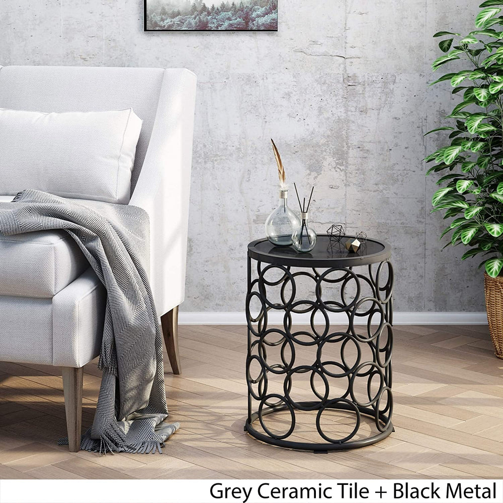 Outdoor 16 inch Ceramic Tile Side Table Grey Round Iron Water Resistant Weather - Diamond Home USA