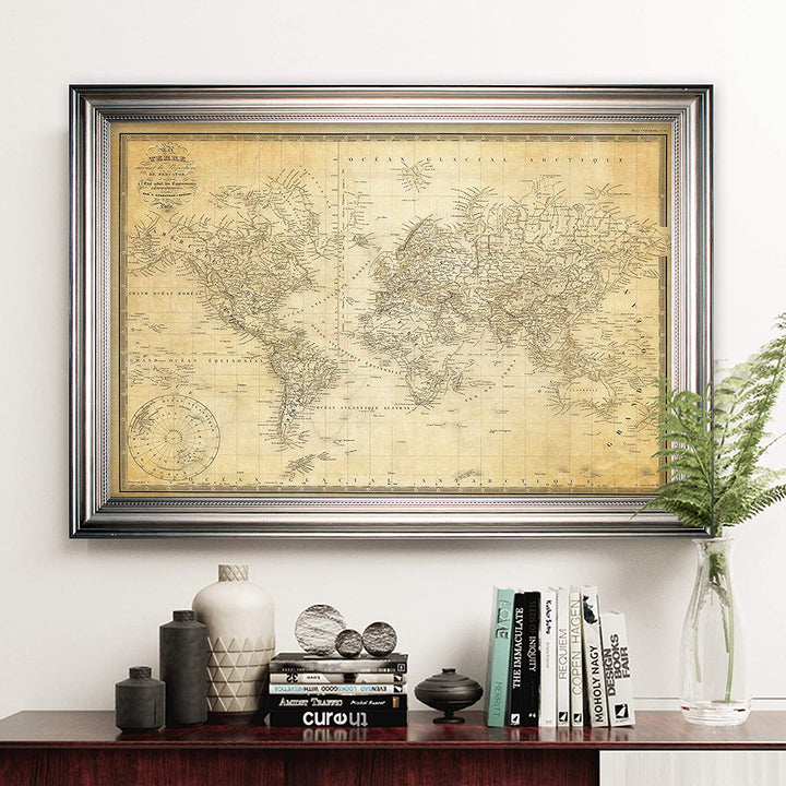 Vintage Map V Parchment Silver Frame Traditional Rectangle