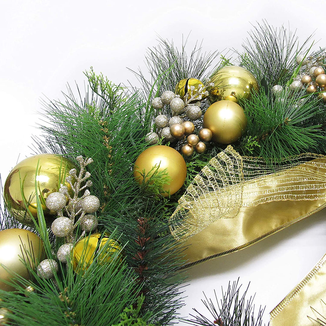 Deluxe Gold Ornament Bell Berry Pine Wreath 24in 24" L X W 6" Dp Un lit - Diamond Home USA
