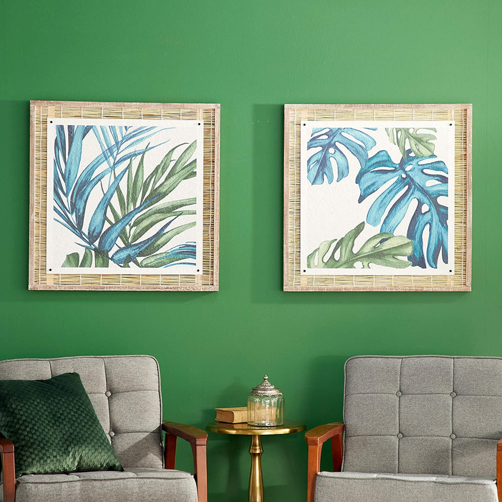 Square Blue Green Botanical Leaves Paper Wood Wall Art Natural Reed Framing Set 2 29" X Color Transitional - Diamond Home USA