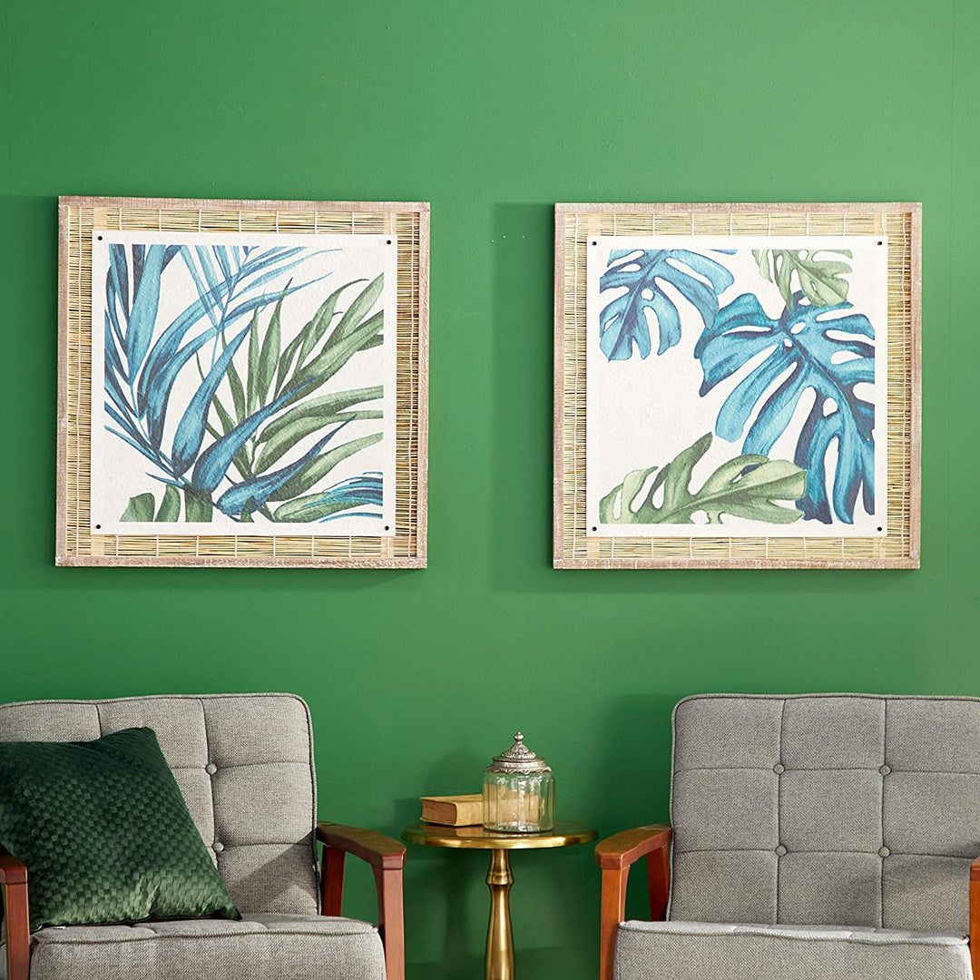 Square Blue Green Botanical Leaves Paper Wood Wall Art Natural Reed Framing Set 2 29" X Color Transitional - Diamond Home USA