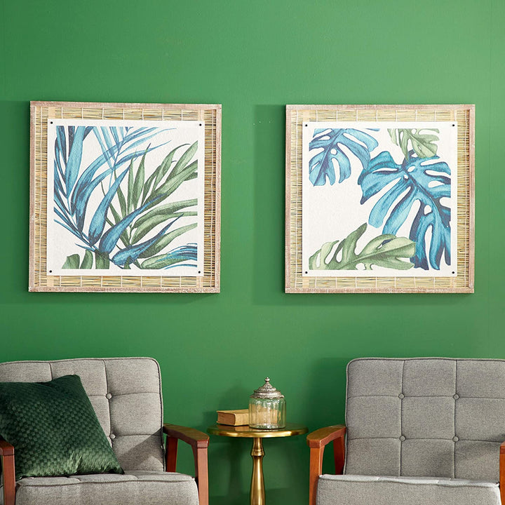 Square Blue Green Botanical Leaves Paper Wood Wall Art Natural Reed Framing Set 2 29" X Color Transitional - Diamond Home USA
