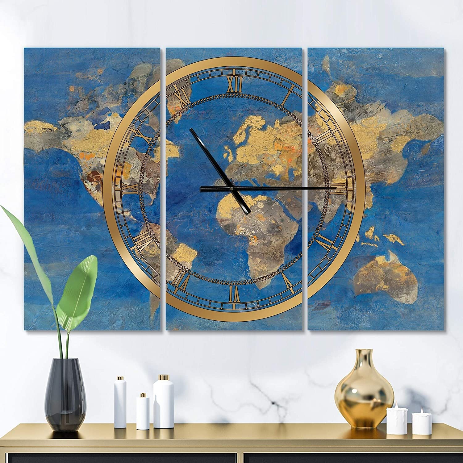 Golden Glam World Map' 3 Panels Oversized Wall Clock 36 Wide X 28 High ...