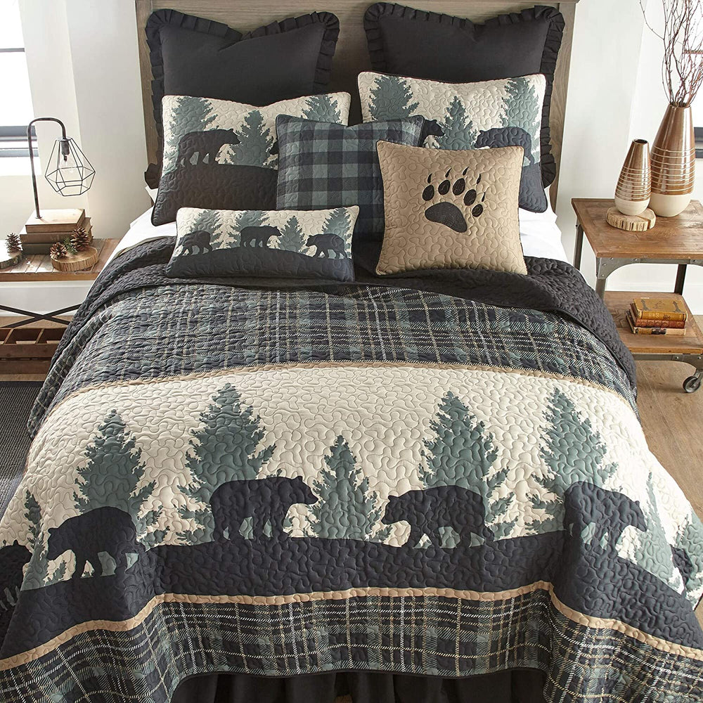 Bear Walk Plaid UCC Paw Decorative Pillow Brown Embroidered Cabin Lodge Polyester - Diamond Home USA
