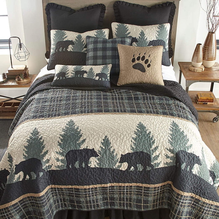 Bear Walk Plaid UCC Paw Decorative Pillow Brown Embroidered Cabin Lodge Polyester - Diamond Home USA