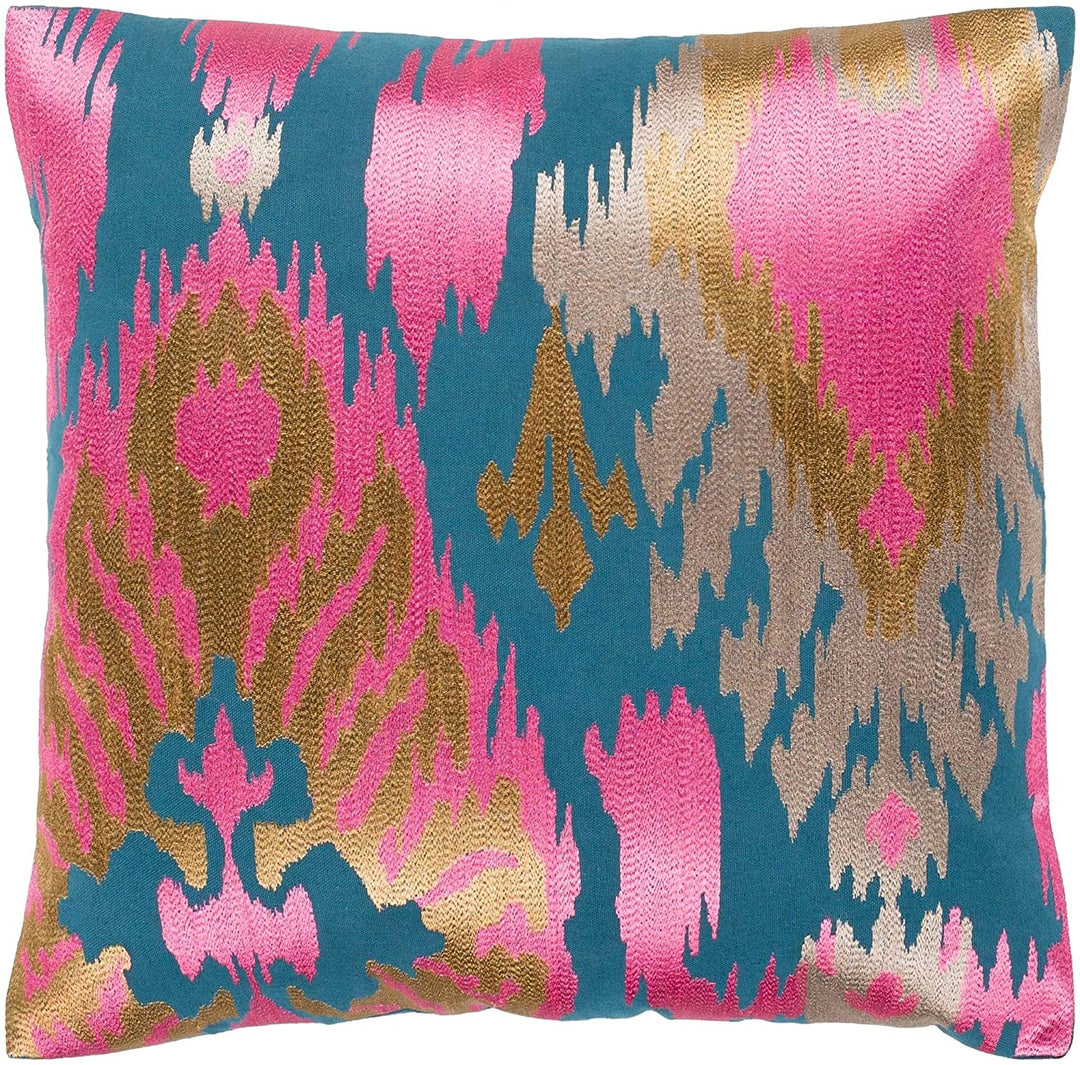Teal Pink Embroidered Ikat Feather Down Throw Pillow (22"