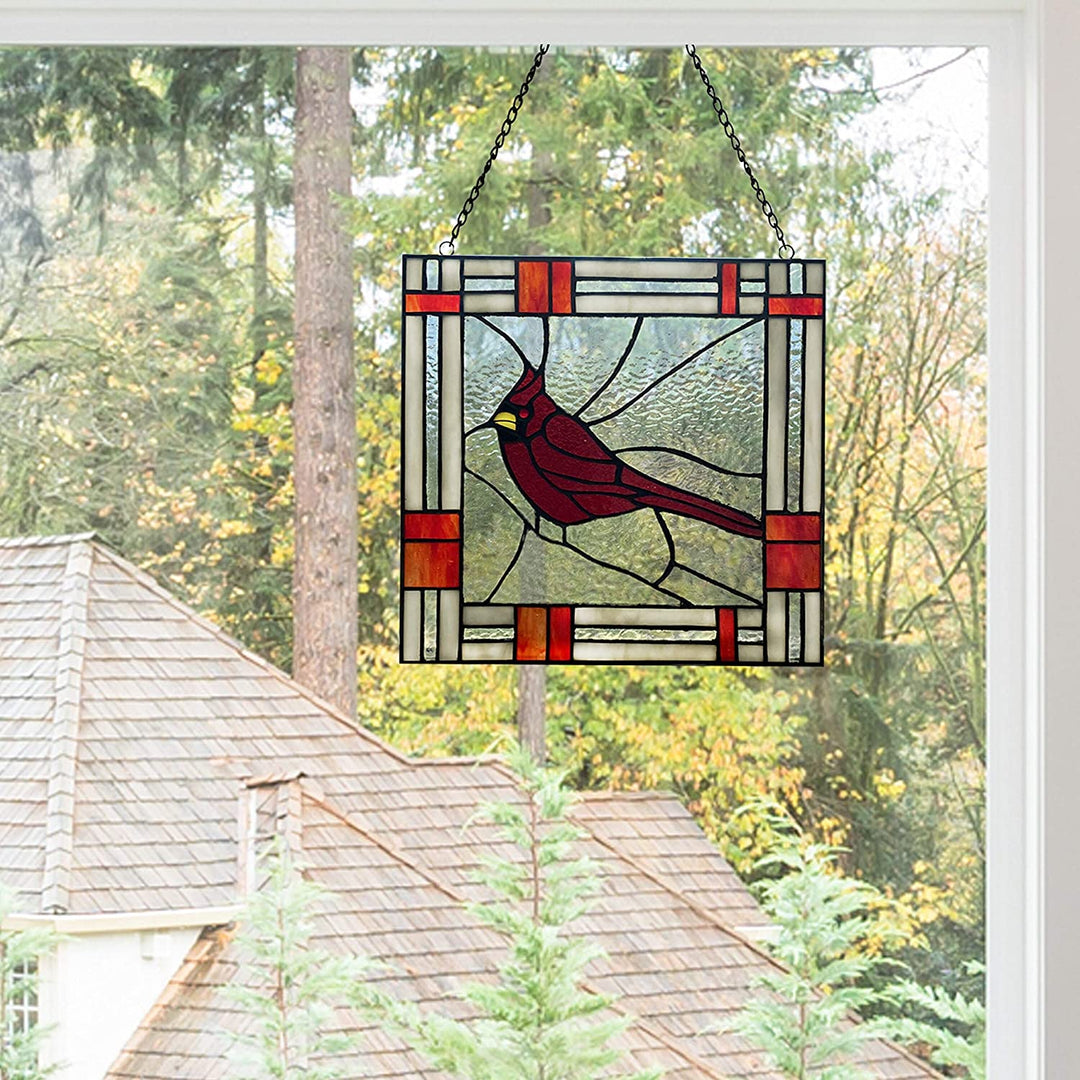 11" h Cardinal Stained Glass Window Panel 11" X 0 25" Red Traditional Square Animals Metal Handmade Includes Hardware - Diamond Home USA