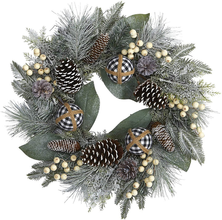 24" Snow Tipped Holiday Wreath Berries Pine Cones