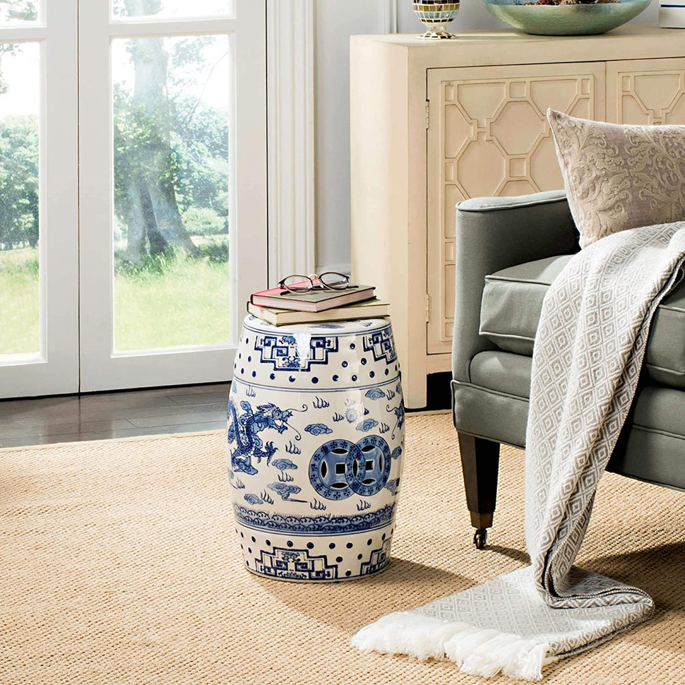 Ocean Jewel Chinoiserie Blue Garden Stool Transitional Ceramic Handmade - Diamond Home USA