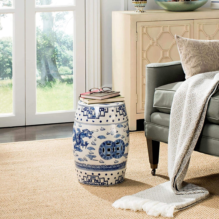 Ocean Jewel Chinoiserie Blue Garden Stool Transitional Ceramic Handmade - Diamond Home USA
