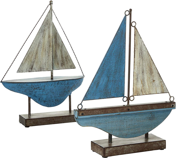 Blue White Metal Boat Sculptures Set 2 13 X 3 16 Color