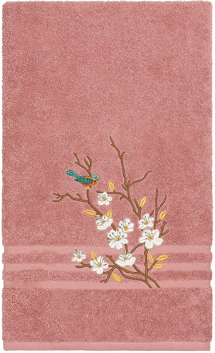 Turkish Cotton Blue Bird Embroidered Tea Rose 4 Piece Towel Set Pink Terry Cloth - Diamond Home USA