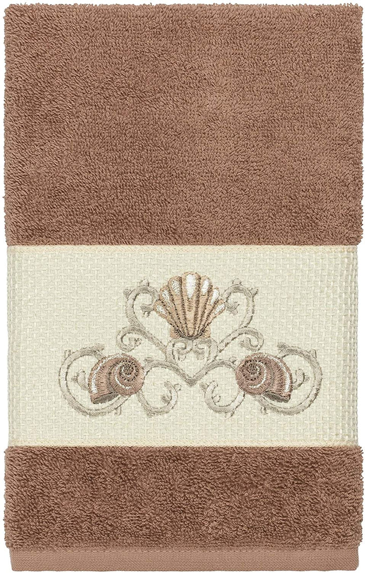 Turkish Cotton Shells Embroidered Latte Brown 3 Piece Towel Set Novelty Cloth - Diamond Home USA
