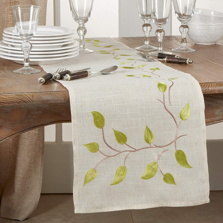 Table Runner Embroidered Vine Design Brown Linen Polyester