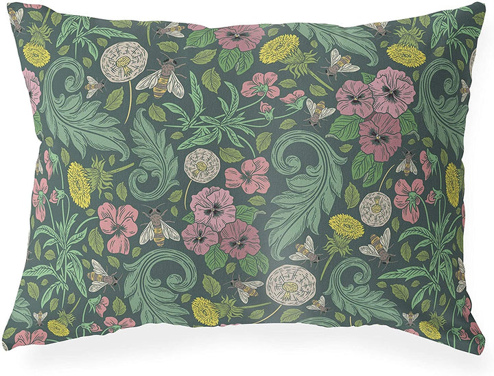 Green Indoor|Outdoor Lumbar Pillow 20x14 Green Floral Modern