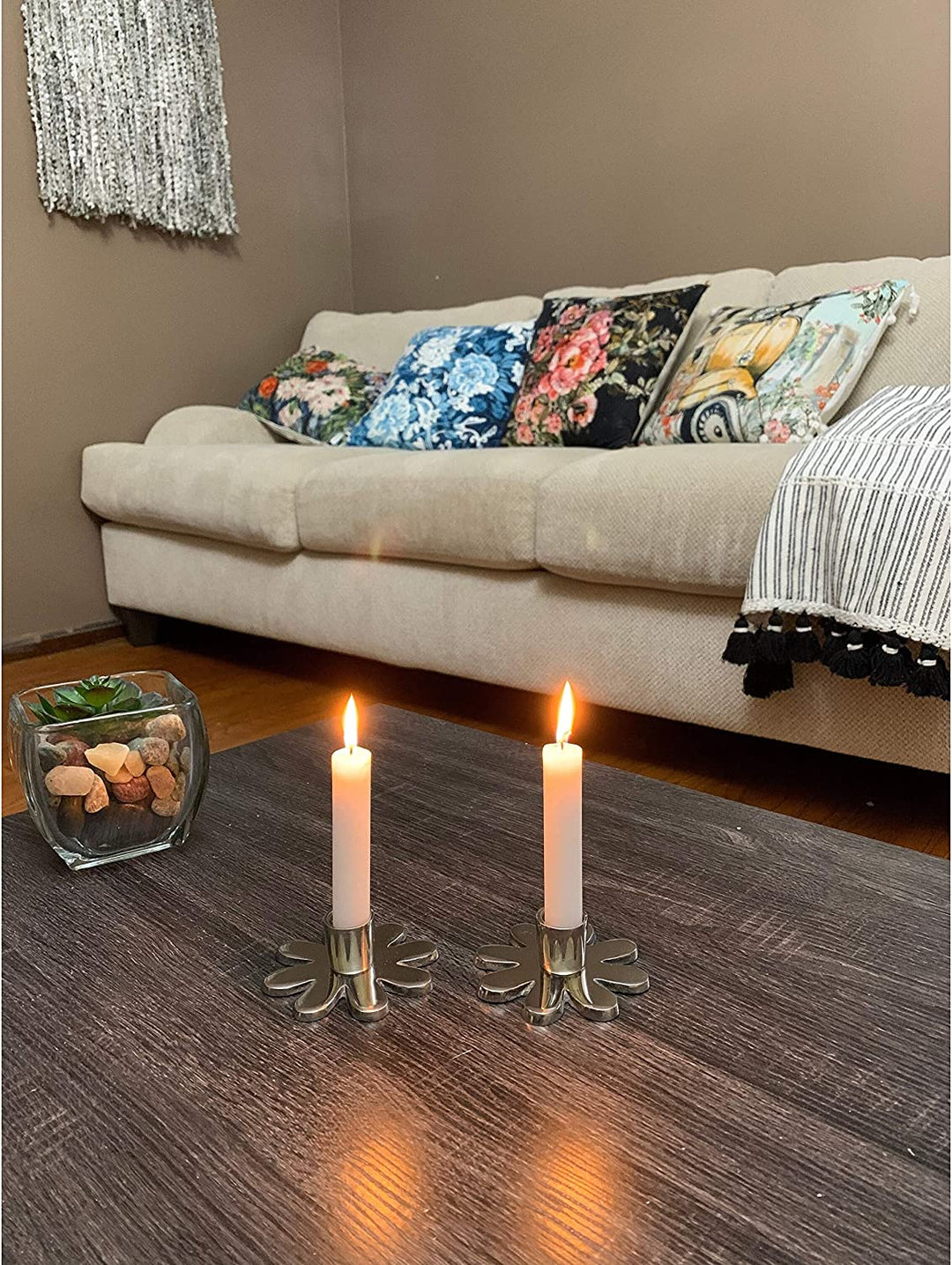 Candlestick Holder Dish Set 2(Silver Flower) Silver Mid