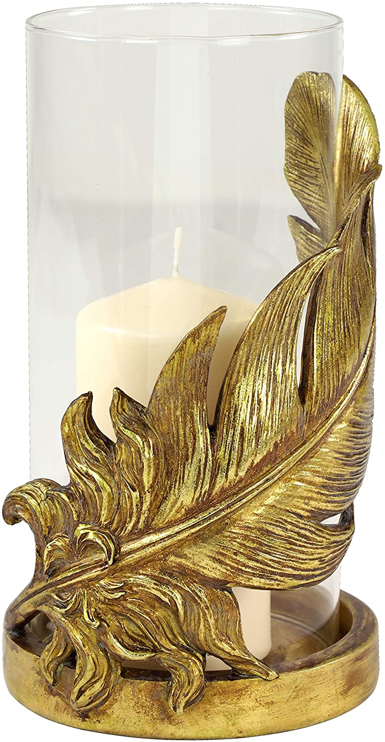 Large Metallic Gold Feather Candle Holder Hurricane Glass 6"