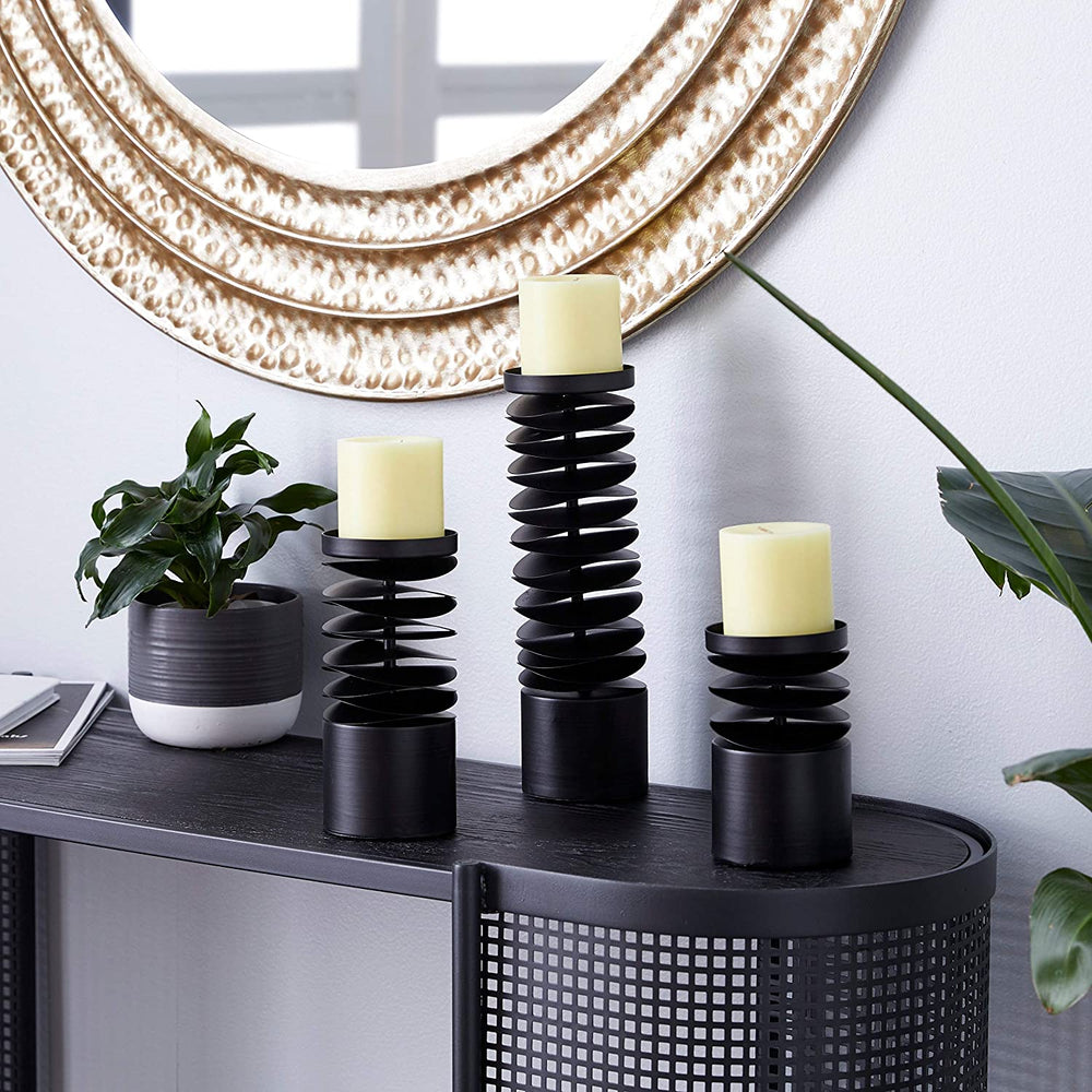 Round Black Metal Layered Candle Holders Set 3 6" 8" 12" 4 X 12 - Diamond Home USA