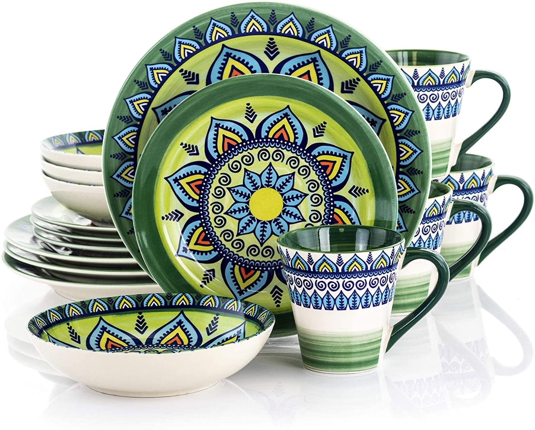 16 Piece Round Stoneware Dinnerware Set Green Floral
