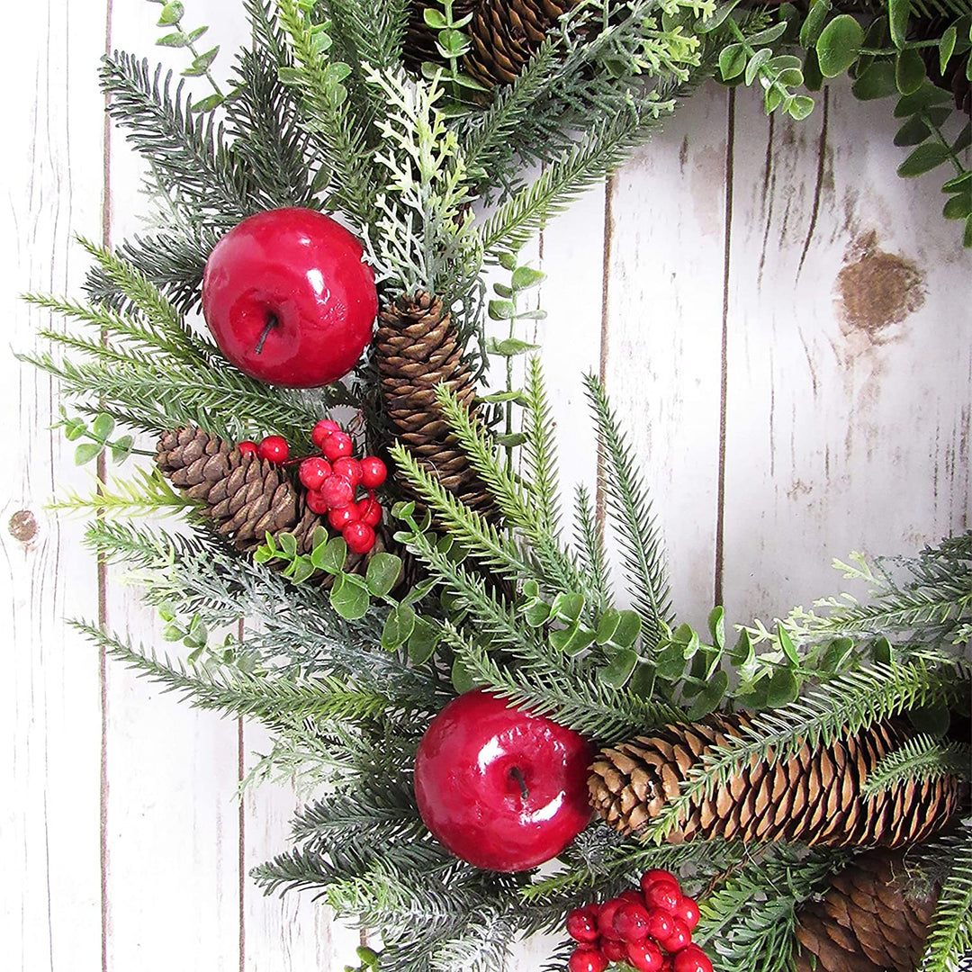 Mixed Apple Berry Pine Cone Eucalyptus Wreath 24in Red Green 24" L X W 5 5" Dp Un lit - Diamond Home USA