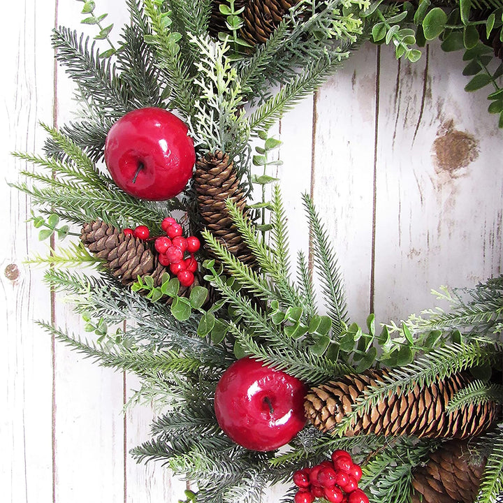 Mixed Apple Berry Pine Cone Eucalyptus Wreath 24in Red Green 24" L X W 5 5" Dp Un lit - Diamond Home USA