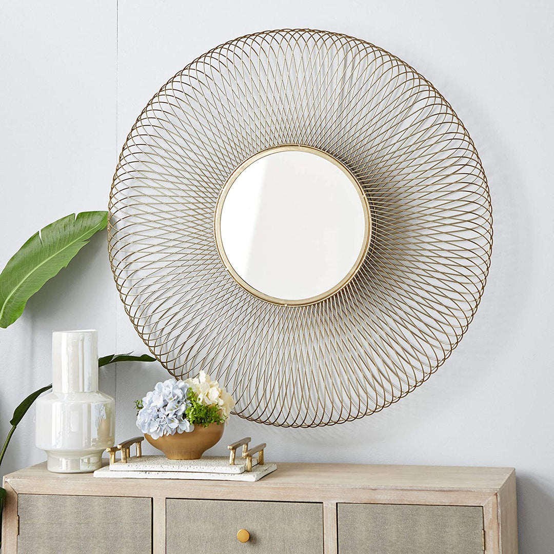 Large Metallic Gold Metal Geometric Round Mirror 40" 40 X 4 40round - Diamond Home USA