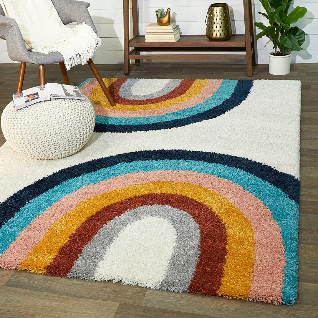 Double Rainbow Kids Area Rug 5'3" X 7' Blue Cream Pink