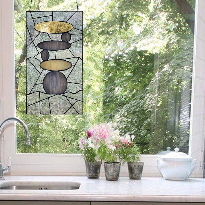 18" h Namaste Stained Glass Window Panel Grey Modern Contemporary Transitional Rectangular Nature Includes Hardware - Diamond Home USA