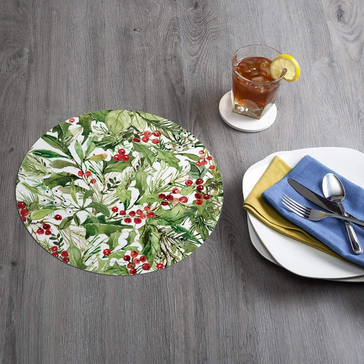 Wipe Clean Round Shaped Placemats Set 4 Cardinal Greenery Color Plastic - Diamond Home USA
