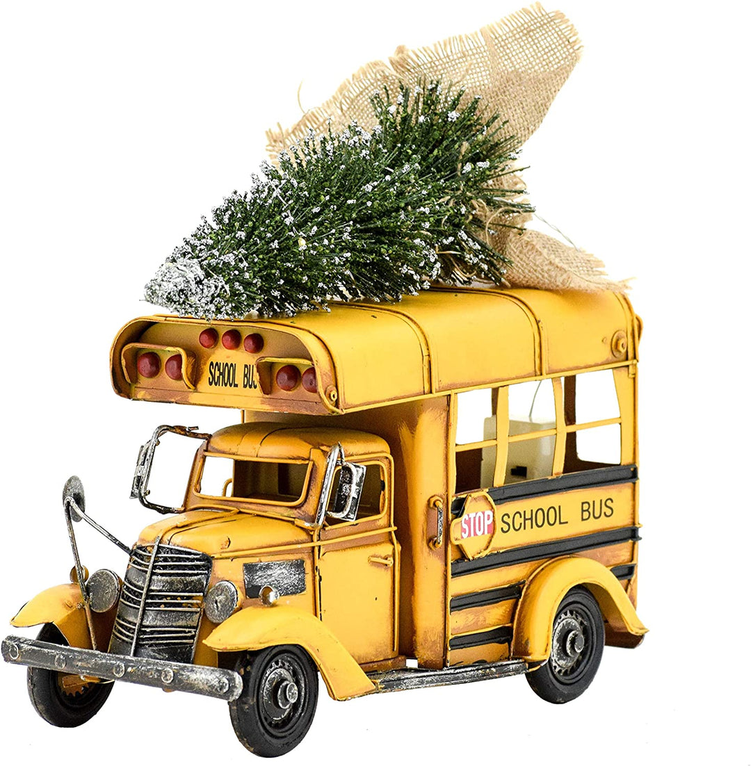 Vintage Small Conversion School Bus Christmas Tree Led Lights Yellow Iron Powder Coated - Diamond Home USA