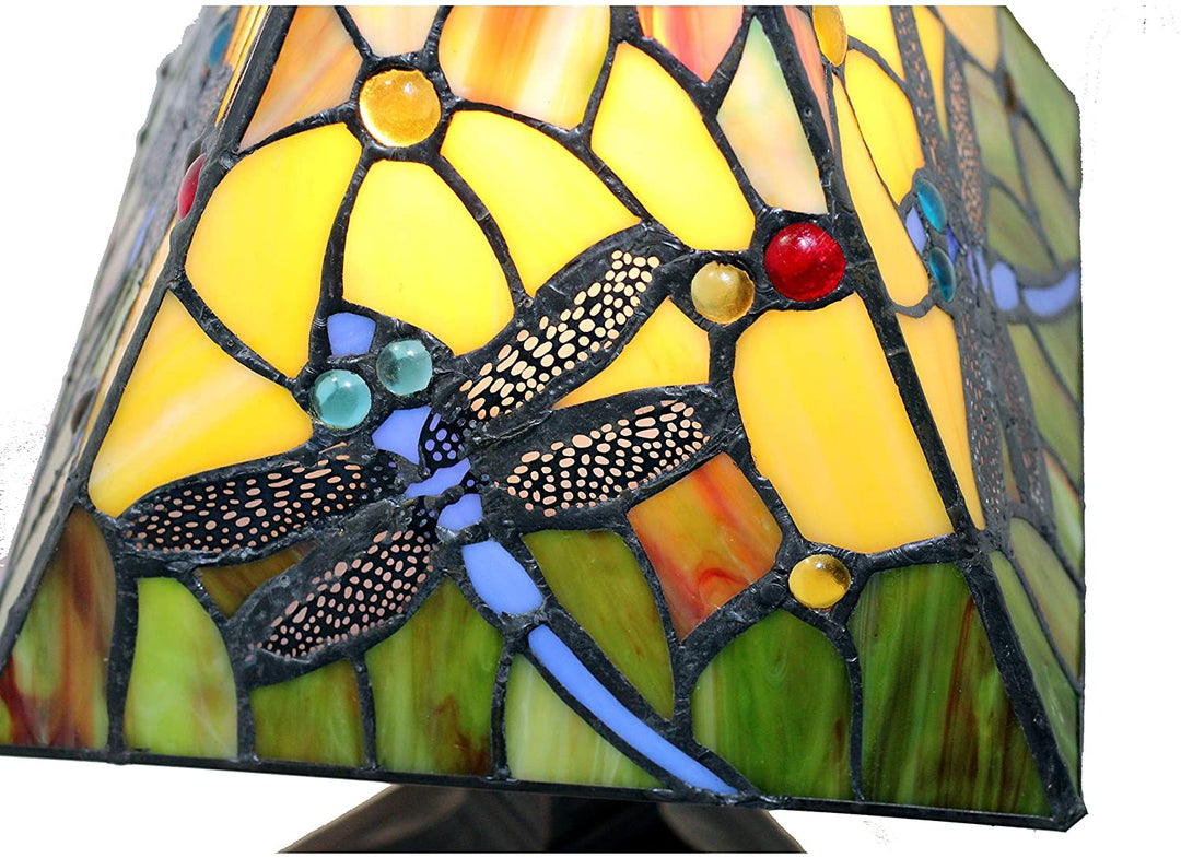 Tiffany Mini Accent Lamp Mission 15" Tall Stained Glass Flower Dragonfly Nightstand Handmade Am289tl08b Color Brown