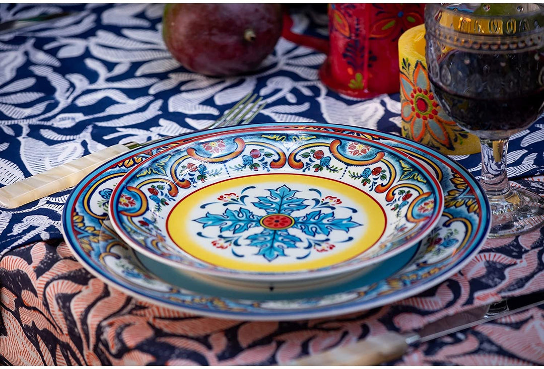 Euro Ceramica Zanzibar Ceramic 8" Salad Plate (Set 4) Blue Color Yellow Floral Casual Traditional Round 4 Piece Handmade Microwave Safe