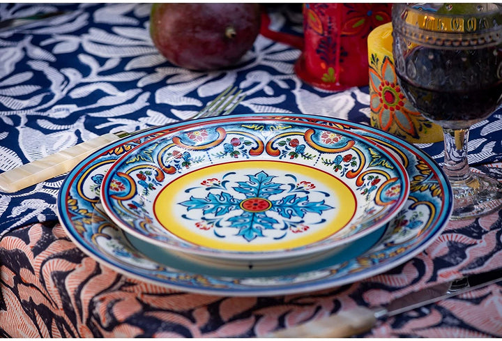 Euro Ceramica Zanzibar Ceramic 8" Salad Plate (Set 4) Blue Color Yellow Floral Casual Traditional Round 4 Piece Handmade Microwave Safe